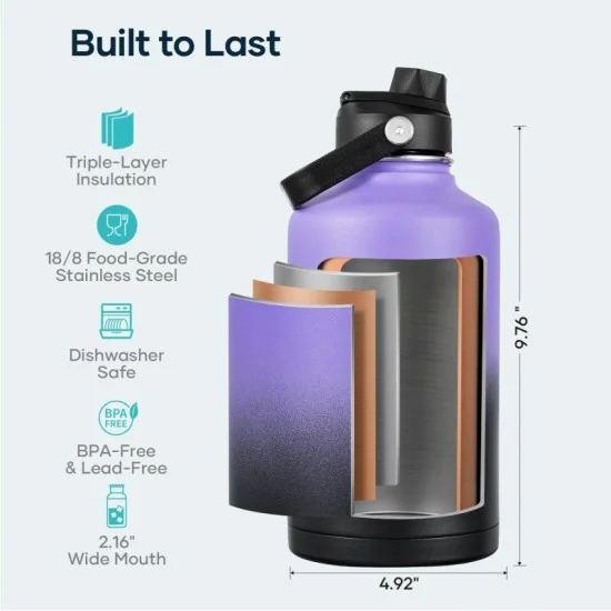 Buzio Duet Series Water Bottle with 2 Lids and Sleeve 1.9L - Purple Black